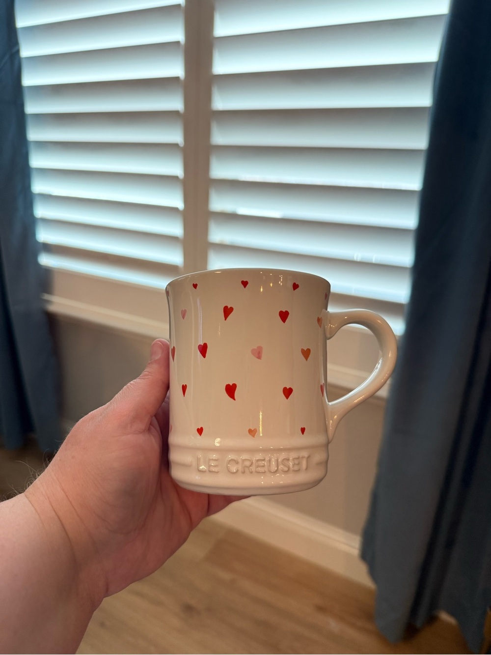 Le Creuset White Mug with Red and Pink Heart Motif